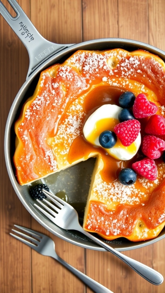 A fluffy Dutch baby pancake in a 9x9 pan, topped with powdered sugar and fresh berries.